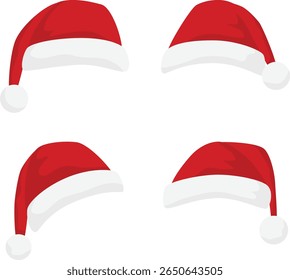 Set of red Santa hats with white trim – flat cartoon style Christmas vector illustration for holiday decoration, winter event design, and festive graphics