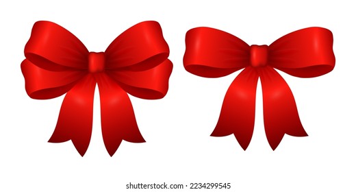 Set of red satin bows isolated on white background. Red ribbon tied into a bow. Design element for holiday decor. Vector illustration.