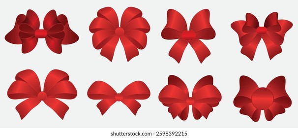 Set of red satin bows. On a white background. 3D. Vector