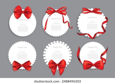 Set of red satin ribbon bows with white greeting card shapes on gray background. Illustrations and vectors