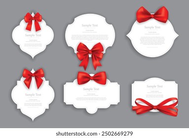 Set of red satin ribbon bows with white greeting card shapes on gray background. Illustrations and vectors