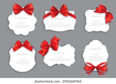 Set of red satin ribbon bows with white greeting card shapes on gray background. Illustrations and vectors