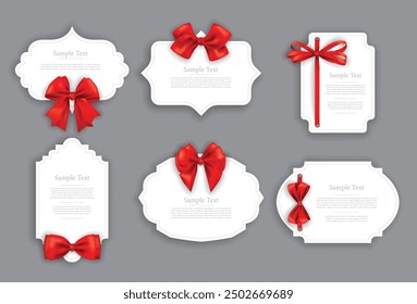 Set of red satin ribbon bows with white greeting card shapes on gray background. Illustrations and vectors