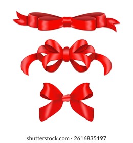 Set of red satin ribbon bows on white background