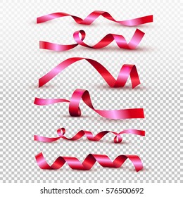Set of red satin ribbon isolated on transparent background. Vector illustration of curved tape