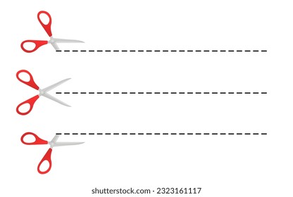 Set of red scissors with cut lines on a white background.  Cut coupon. Snip ribbon. Separation element. Scissor with ribbon for design prints. Dotted outline on paper. Shears mark. Vector illustration