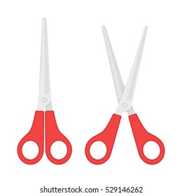 Set of red scissors isolated on white background. Vector illustration in flat style. Sharp Scissor open and closed.