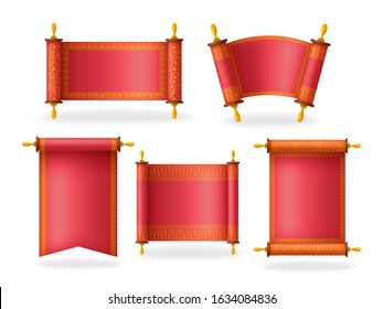 Set of red scrolls with beautiful ornament and text place. Vector illustration.