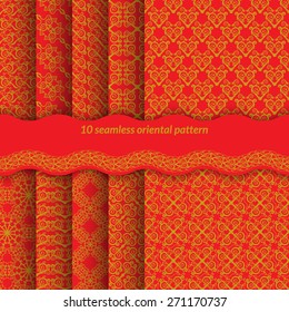 Set of red seamless pattern with spirals. Bright ornament in east style backgrounds for web pages, fabrics, gift wrapping. Without gradients and transparencies. Vector illustration.