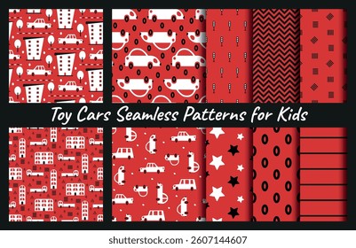Set of red seamless patterns with cars for boys clothes. Cartoon drawing: toy cars driving in the city. Collection of square repeat prints of companions with transport, stars, stripe, chevron, circle.