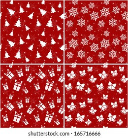 Set of red seamless patterns with Christmas and New Year symbols. Vector illustration.