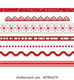 set of red seamless ribbons isolated on white background