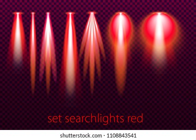 Set of red searchlights on a transparent background. Bright lighting with spotlights. vector illustration art