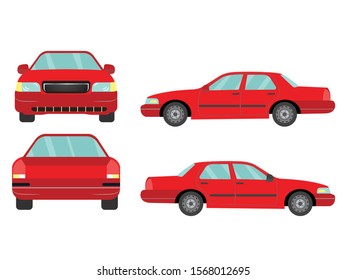 Set of red sedan car view on white background,illustration vector,Side, front, back