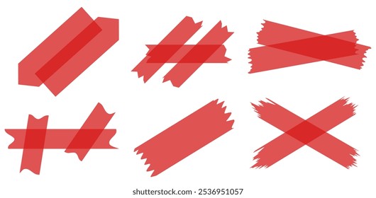 Set of red semi-transparent washi tapes isolated on white. Tapes collection in vector. Pieces of decorative tape for scrapbooks. Torn paper. Love, Valentine's Day