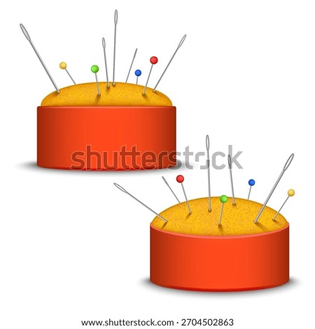 Set of red sewing pin cushion filled with needles and colorful tailor pins realistic 3d vector illustration isolated on white, ideal for handmade and craft projects.