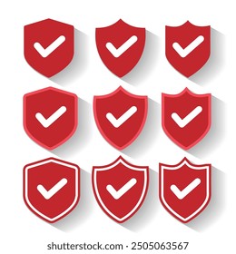 Set Red Shield icon. Shield with a checkmark in the middle Protection icon concept