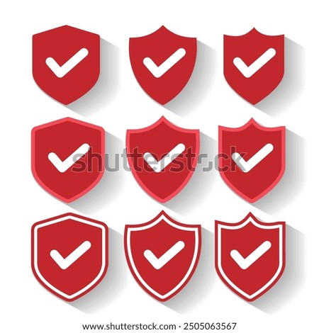 Set Red Shield icon. Shield with a checkmark in the middle Protection icon concept