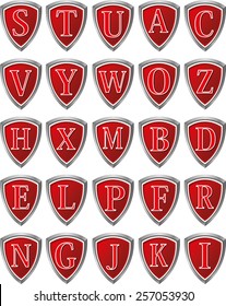 Set of red shields alphabet letters badge vector illustration