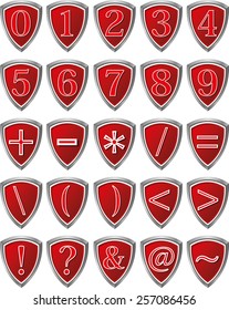 Set of red shields digits and symbols badge vector illustration