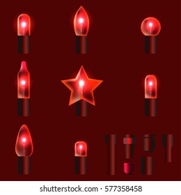 Set of red shining garland lights with holders isolated on background. Christmas, New Year party decoration realistic design elements. Glowing lights for Xmas. Holiday greeting design.