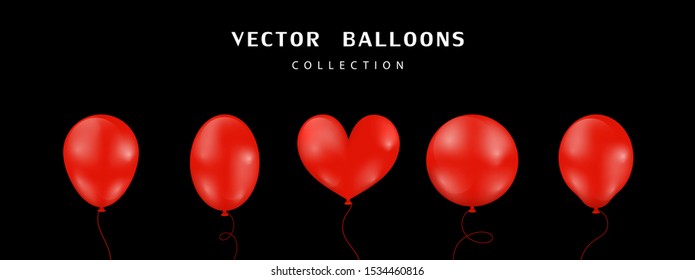 Set of red shiny balloons. Collection of shape balloons different styles. Vector illustration.