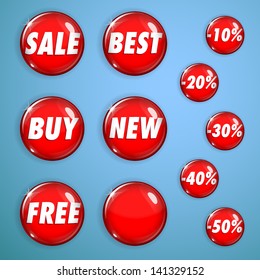Set of red shiny buttons from glass for web design. With inscriptions on sales and discounts.