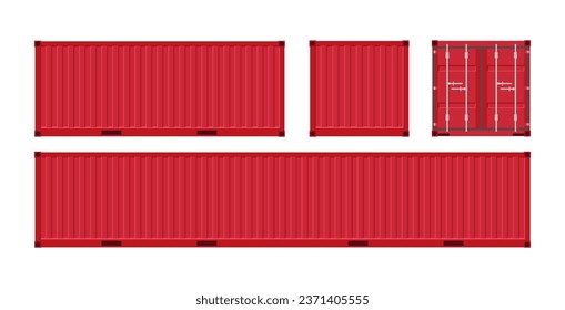 Conjunto de contenedores rojos de carga para transporte. Ilustración vectorial en estilo plano. Aislado sobre fondo blanco.	
