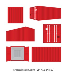 Set of red Shipping cargo containers with open, closed doors realistic set. Large intermodal steel freight boxes, Front, side back and perspective view, intermodal steel freight boxes for storage.