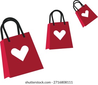Set of red shopping bag vector icons with heart symbol, representing love, favorite products, shopping, and retail concepts.