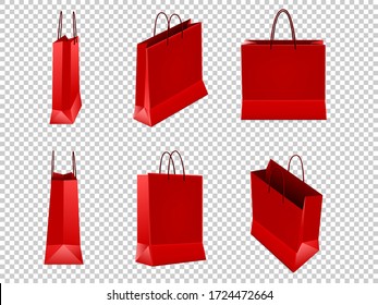 Juego de bolsas de compras rojas de plástico o papel con mangos sobre fondo transparente. Ilustración del vector