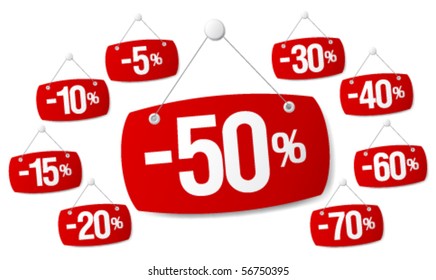 Set of red signs for discount sale