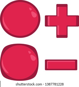 Set of red signs plus minus and two circles on a white background