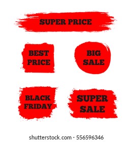 Conjunto de signos rojos con el texto "Mejor Precio", "Super Venta", "Gran Venta", "Viernes Negro". Pincel pintado. Grunge. 