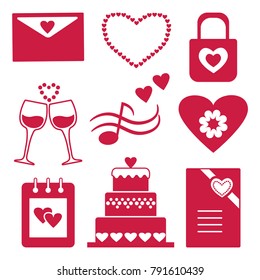 Set of red silhouettes, collection of icons for decorating and design of congratulation for Valentine's Day. Vector illustration.