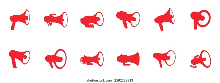 Set of red silhouettes of megaphones in various angles, representing communication and announcements.