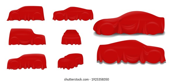 set of red silk car cloth covered or realistic red silk draped on podium or realistic car reveal curtain concept. eps 10 vector