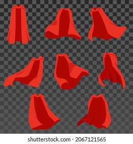 A set of red silk hero capes from flowing fabric. Carnival decorative costumes for vampire, luxury satin mantles for superhero. Flat cartoon vector isolated illustrations