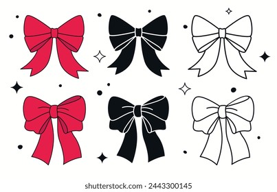 Set of red simple decorative holiday ribbon bows for gifts, for decorating hair on white background. For gift wrapping for birthday, Christmas, New Year. Isolated Flat Vector EPS10