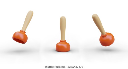 Set of red sink plungers. View from front, top, bottom. Plunger cup with wooden handle. Tool for cleaning clogged water pipes. Isolated image on white background