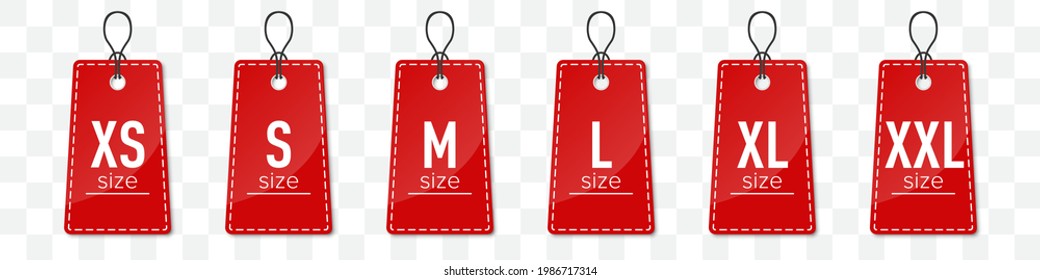 Set of red size clothing labels with shadow
