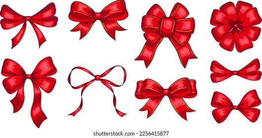 Set of red sketched bow and ribbon. Hand drawn vintage line art vector illustration.You can change the line and ribbon collor on the vector deta.