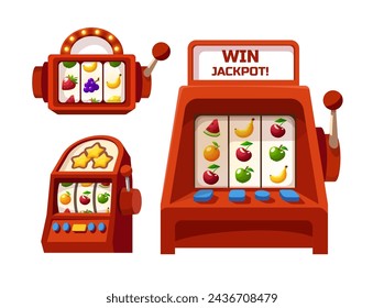 Set of red slot machines flat style, vector illustration isolated on white background. Decorative design elements collection, gambling, win jackpot, different fruits