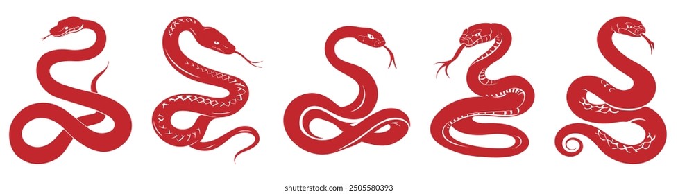 Set of red snake zodiac year. Chinese character with snake illustration for New Year