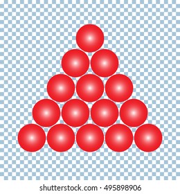 A set of red snooker balls. Fifteen red snooker balls. A pyramid of red balls on a checkered background. Vector.