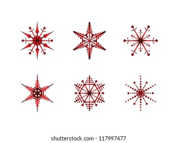 Set of red snowflakes on white background