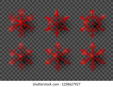 Set of red snowflakes with shadow on transparent background. New year and Christmas design elements, vector illustration.