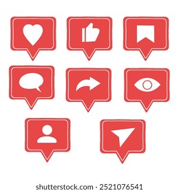 Set of Red Social media button with inside white outline, Message, like, send, save icon . Follow, heart, comment, share app interface