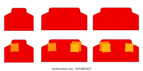 Set of red sofas with pillows for living room.Comfortable couch lounge for interior design.Armchair or chair furniture.Sign, symbol, icon or logo isolated.Flat design.Cartoon vector illustration.