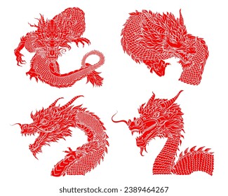 Conjunto de dragones rojos sólidos tradicionales chinos o japoneses en estilo dibujado a mano aislados en fondo blanco. Matiología animal asiático o monstruo, diablo. Dragón oriental de tinta para camiseta o tatuaje 